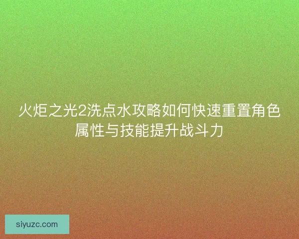 火炬之光2洗点水攻略如何快速重置角色属性与技能提升战斗力