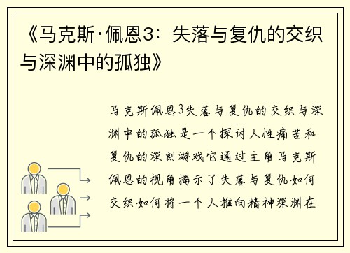 《马克斯·佩恩3：失落与复仇的交织与深渊中的孤独》