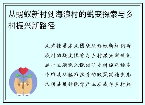 从蚂蚁新村到海浪村的蜕变探索与乡村振兴新路径